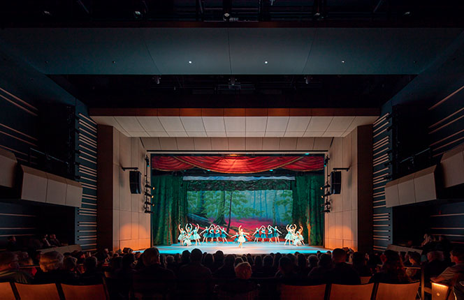Theater view of a performance on stage inside the Field Arts & Events hall
